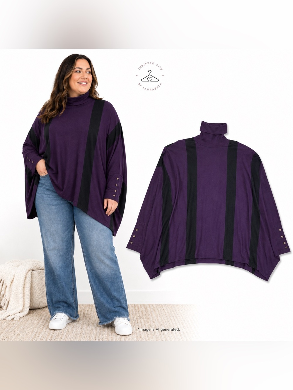 Alfani Purple Turtleneck Jacket with Black Vertical Stripes